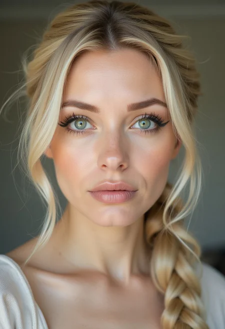 a portrait shot of a woman with platinum blonde hair tied into braid, large green eyes, slight wrinkles at the sides of the eyes, puffy lips, moderate make-up, tonal cream, eye liner, beige lipstick, two-thirds view, soft light, sligtly blurred background