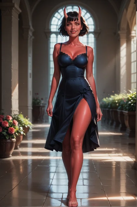 score_9,score_8_up,score_8,score_9,ultra HD quality details,photo_(medium),reality,(<lora:Sanctusmorti:1>,sanctusmorti,succubus,oni horns,short black bangs,colored red skin,yellow eyes),seductive_smile,walking in a rose garden,summer dress,sexy pose,mascara,eye shadow,lipstick,midday,sunny day,bare feet,
bokeh,depth of field,<lora:43stl1ght1ngXLP2:0.2>,43stl1ght1ng,eye lighting,water,reflection,