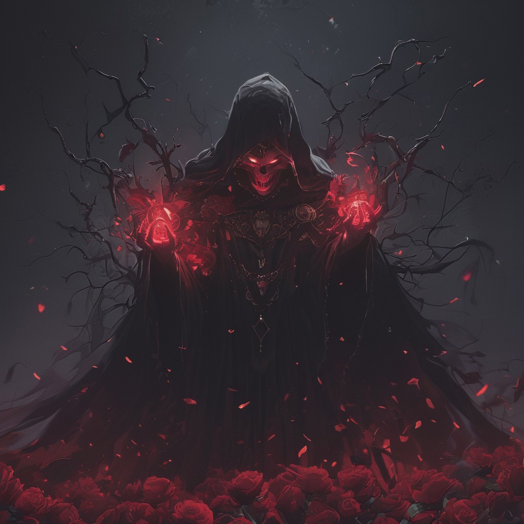 A cinematic shot of a evil demon witch casting magic, wearing black magical robe, casting red magic spells, surrounded by roses, dark atmosphere, hkhorror, hkmagic, masterpiece, best quality, highly detailed, sharp focus, dynamic lighting