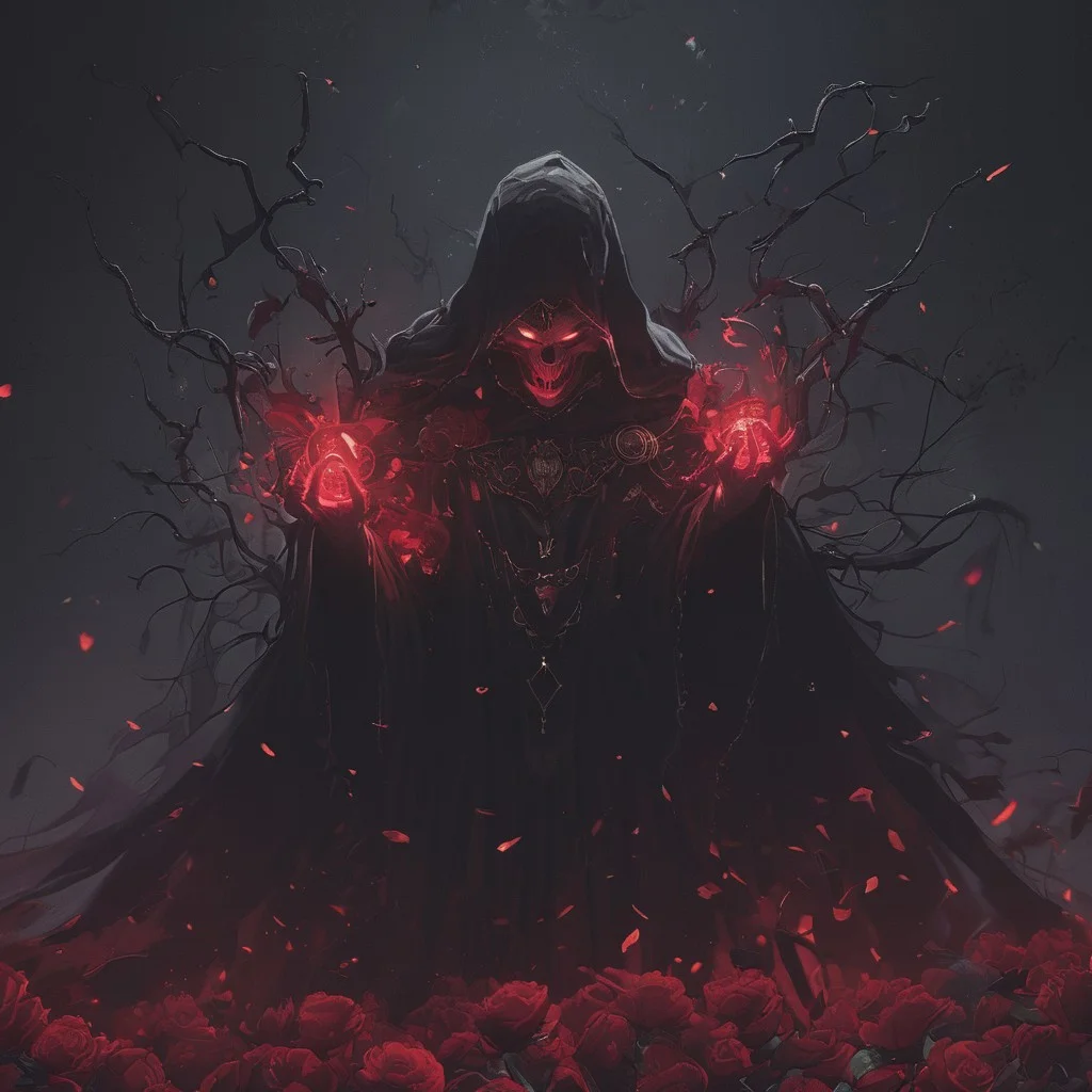 A cinematic shot of a evil demon witch casting magic, wearing black magical robe, casting red magic spells, surrounded by roses, dark atmosphere, hkhorror, hkmagic, masterpiece, best quality, highly detailed, sharp focus, dynamic lighting