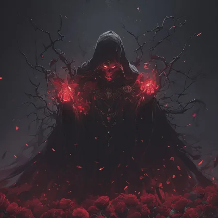 A cinematic shot of a evil demon witch casting magic, wearing black magical robe, casting red magic spells, surrounded by roses, dark atmosphere, hkhorror, hkmagic, masterpiece, best quality, highly detailed, sharp focus, dynamic lighting