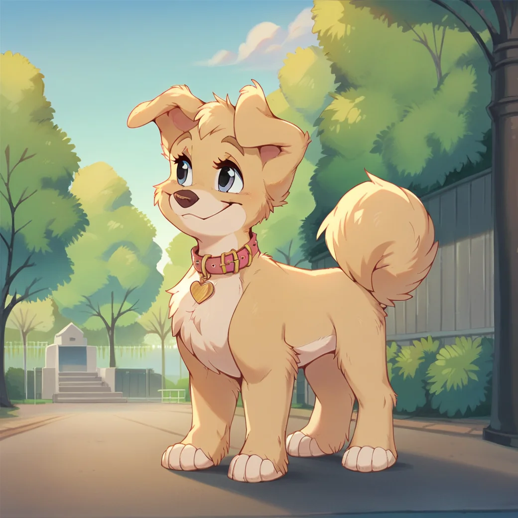 score_9, score_8_up, score_7_up, score_6_up, score_5_up, score_4_up, <lora:Angelladyandthetramp:1>, angellat, solo, smile, smile, full body, outside, park, trees, clouds, , animal collar, dog, yellow fur, body fur, blue eyes