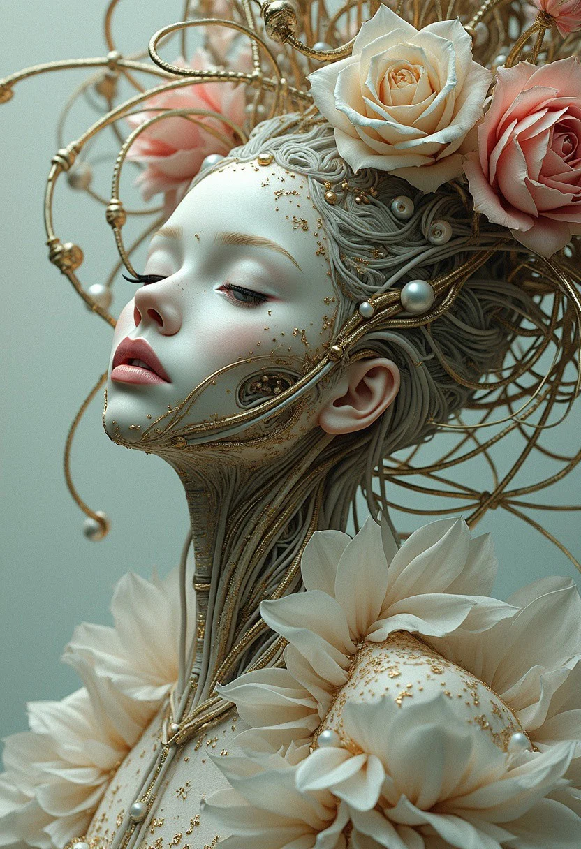 Baroque Style, dreamlike Hyperdetailed grunge art fantasy illustration featuring an cyberpunk female android, hair from wires, white porcelain face, sci-fi, elegant, dreamy atmosphere, intricate, ornate, decorative, pastel colors, whimsical, embellished, figura serpentina, dynamic twisted poses, elaborately decorated, inspired by [Brian M Viveros, Esao Andrews] Exaggeration, Elongation, Emotional Expression, Unconventional, Dramatic Pose, Complex Arrangements, Distorted Proportions, Artificial Elegance, Expressive Figures, Twisted Forms, Virtuosity, Sophistication, Intense Emotions, unbalanced composition, dynamic and visually engaging composition