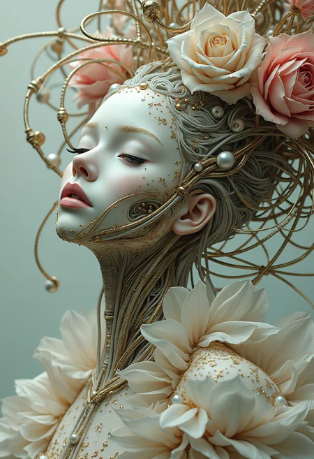 Baroque Style, dreamlike Hyperdetailed grunge art fantasy illustration featuring an cyberpunk female android, hair from wires, white porcelain face, sci-fi, elegant, dreamy atmosphere, intricate, ornate, decorative, pastel colors, whimsical, embellished, figura serpentina, dynamic twisted poses, elaborately decorated, inspired by [Brian M Viveros, Esao Andrews] Exaggeration, Elongation, Emotional Expression, Unconventional, Dramatic Pose, Complex Arrangements, Distorted Proportions, Artificial Elegance, Expressive Figures, Twisted Forms, Virtuosity, Sophistication, Intense Emotions, unbalanced composition, dynamic and visually engaging composition
