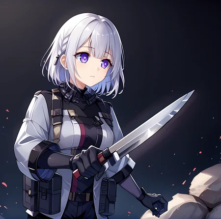 <lora:RPK-16_Girls_Frontline:1> white hair, short hair, bangs, purple eyes, rpk16, gray jacket, black gloves black shorts, black thighhighs, boots, pouches, solo <lora:Eyes_High_Definition:1> eyeshd, high gradient eyes, detailed eyes, high definition eyes,  <lora:HoldingKnife_Pony_V1.0:1> holdkknife, upper body,holding,holding knife,kitchen knife,