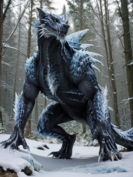 <lora:MH_Lunagaron_a1_8_PonyXL:.8>, score_9,score_8_up,score_7_up, nature photography,  (close_up shot, portrait), low angle shot, 
cropped photo, warm tones,
mhlunga,solo,feral,detailed background,yellow eyes,black sclera,forest,snow,ice claws ,ice spikes,(made of glass),standing on hind legs
hardlight , bloom, subsurface scattering, sharp hyper detailed, (shiny metallic skin:1.2), (ultra-detailed scales:1.1), bright highlights, <lora:RM_Enhancer_v1.0_bf16:.1>  <lora:sdxl_glass:1> <lora:p:.2> <lora:Add_More_details_SD3:.5>
