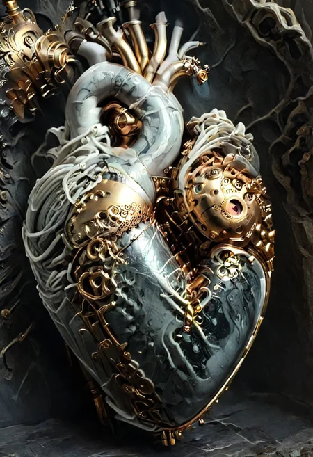 a young woman clutches her mechanical heart in her chest which is rendered in Greys anatomical style with bolts and screws and steampunk valves, it has broken, a small bit of steam escapes from a valve in the heart, and the cracks on her body and heart fill with gold and she turns to marble, 
statue, sculpture,  ArsMJStyle, Rococo Steampunk, DonMSt34mPXL, overgrown, heart art
