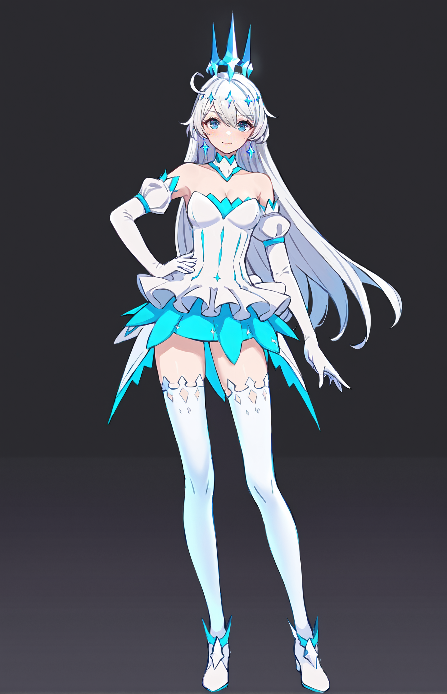 score_9, score_8_up, score_7_up, score_6_up, 8k, best quality, masterpiece, (ultra-detailed:1.1), (high detailed skin), 
(full body), (black background:1.1), standing, looking at viewer, (solo), hand on hip, 
<lora:kiana-young-kohaku-Tanger-000011:0.8>, kiana kaslana, dongzhi, 5th clothes, 1girl, blue eyes, gloves, white thighhighs, dress, long hair, elbow gloves, white hair, crystal crown, bare shoulders, bangs, 
(beautiful_face), ((intricate_detail)), clear face, 
((finely_detailed)), fine_fabric_emphasis, 
((glossy)), full_shot,