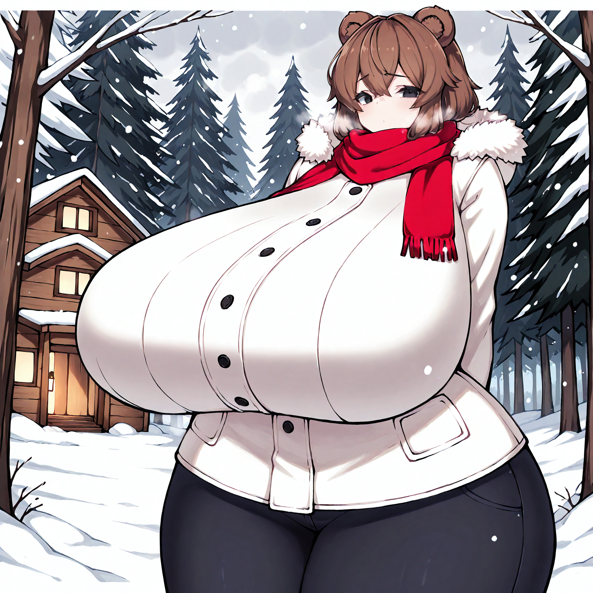(masterpiece), best quality, (highly detailed), 1female, solo, <lora:Cheap_MelonSoda_style_Illustrious:0.8>, bear ears, brown hair, black eyes, gigantic breasts, wide hips, white winter coat, pants, fitting clothes, forest, snow, cabin, red scarf, looking at viewer, blank expression,