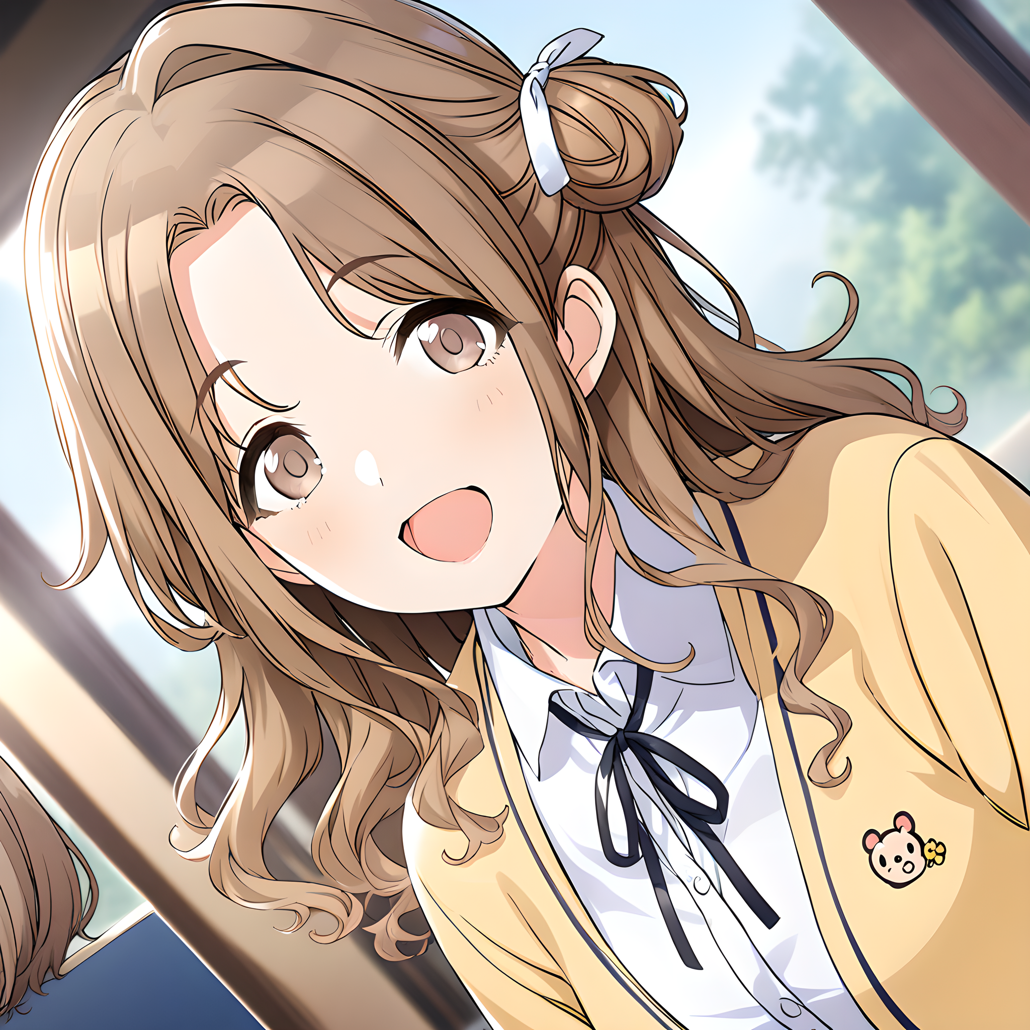 ichikawa_hinana, 1girl, solo, hair bun, brown hair, single side bun, ribbon, school background, blurry background, cardigan, brown eyes, single hair bun, looking at viewer, neck ribbon, upper body, school uniform, yellow cardigan, shirt, white shirt, black ribbon, long hair, smile, open cardigan, open mouth, schooluni <lora:Ichikawa_Hinana:1>, (masterpiece),(best quality),(ultra-detailed),(best illustration),(best shadow),(absurdres),(detailed background),(very aesthetic),