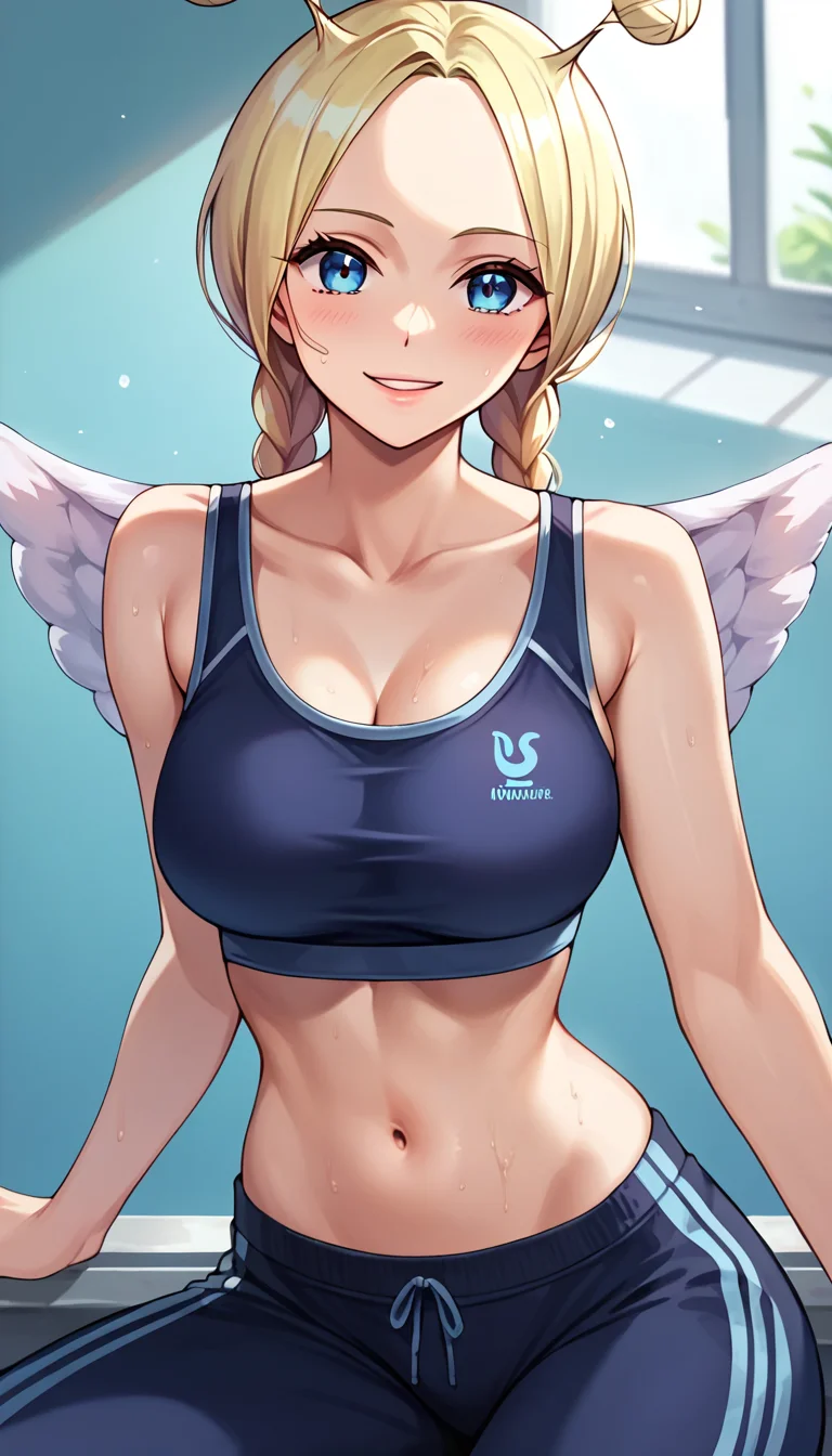 score_9, score_8_up, score_7_up, score_6_up, score_5_up, score_4_up, 1girl, conis, wings, blonde hair, antenna hair, twin braids, blue eyes, sports bra, track pants, looking at viewer, cute, <lora:Conis_v2:1>