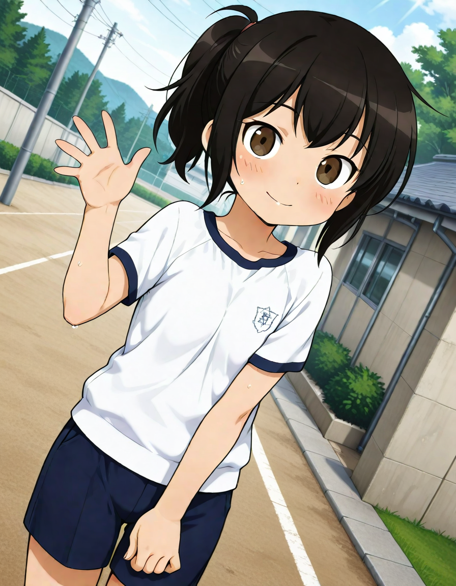 masterpiece,best quality,absurdres,official art,official style,
<lora:Hyper-SDXL-8steps-lora:1>,
<lora:emichang_IL:0.8>,emichang, 1girl, solo, blush, black hair, dark brown eyes, ponytail,
gym uniform,dark blue gym shorts,gym shirt,short sleeves,
 looking at viewer, dutch angle,smile, blush,outdoors,
waving arm,day,sunlight,sweat,