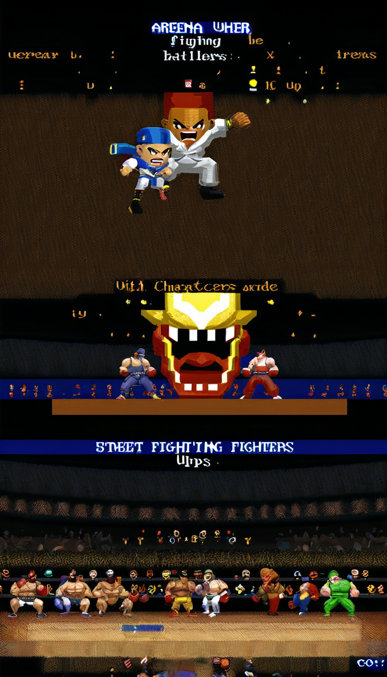 An arena where characters resembling street fighters from a popular fighting game engage in comical, over-the-top battles with oversized power-ups floating above. <lora:Epic_ZZT_Ultra_XL:1.2>