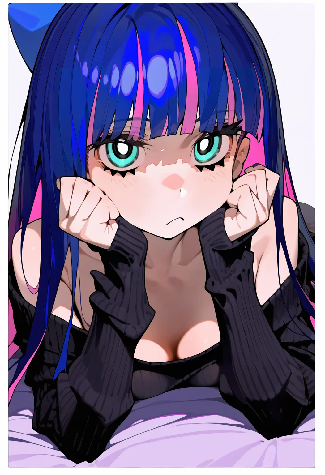 <lora:EatSleep1111StyleSDXL11:1>, best quality, masterpiece, very awa, eatsleep1111, 1girl, multicolored hair, stocking (psg), pink hair, colored inner hair, looking at viewer, medium breasts, long hair, blue hair, black sweater, two-tone hair, blunt bangs, lying, aqua eyes, head rest, long sleeves, cleavage, hair bow, ribbed sweater, on stomach, closed mouth, off shoulder, blue bow, frown, upper body, collarbone, off-shoulder sweater, hand on own face, bare shoulders, white border, bright pupils, sleeves past wrists, eyelashes, streaked hair, hand on own cheek