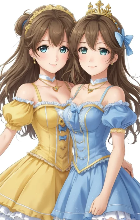 masterpiece,best quality,<lora:tbh69-sdxl:0.6>,illustration ,A style of two person group photo portrait of idolmaster cinderella girls,
