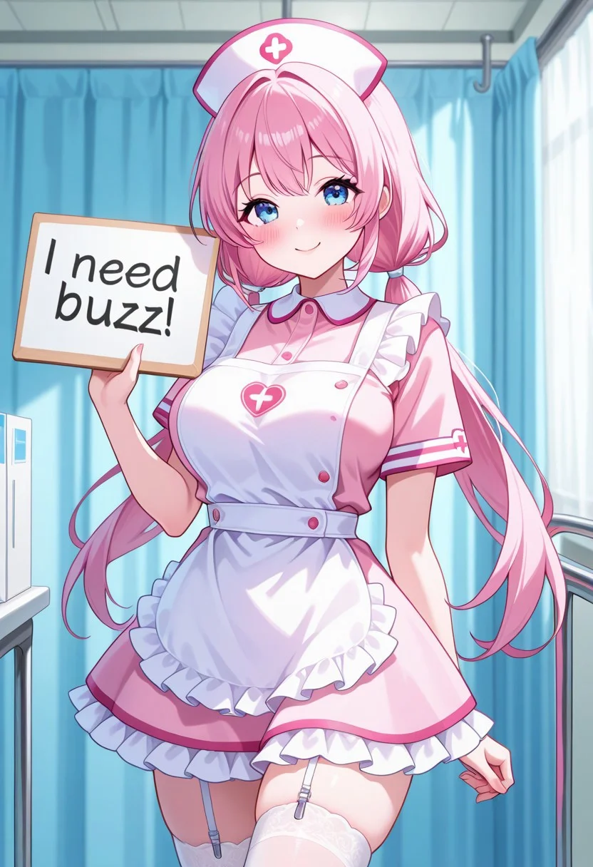 32k uhd, (masterpiece:1.2), (best quality:1.2), (very aesthetic:1.2), (absurdres:1.2), (detailed background),newest, 1girl, nurse cap, nurse dress, white apron, frilled dress, pink dress, pink shirt, pink skirt, white thighhigh, garter straps, garter belt, pink hair, low twintail ,long twintail, cowboy shot, no shoes, breast, blue eyes, hospital, standing, looking at viewer, blush, smile,,need_buzz, holding sign