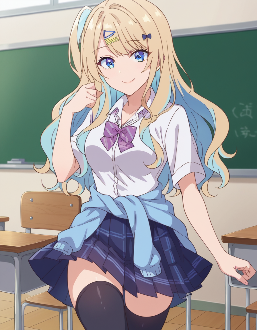score_9, score_8_up, score_7_up, source_anime,
lunashirakawa, <lora:luna-shirakawa-s1-ponyxl-lora-nochekaiser:1>,
luna shirakawa, long hair, blue eyes, blonde hair, hair ornament, bow, multicolored hair, hairclip,
skirt, shirt, thighhighs, bow, school uniform, white shirt, pleated skirt, shoes, black thighhighs, bowtie, blue skirt, plaid, plaid skirt, loafers, purple bow, clothes around waist, gyaru, purple bowtie,
indoors, classroom, smile,
looking at viewer, dutch angle, cowboy shot,