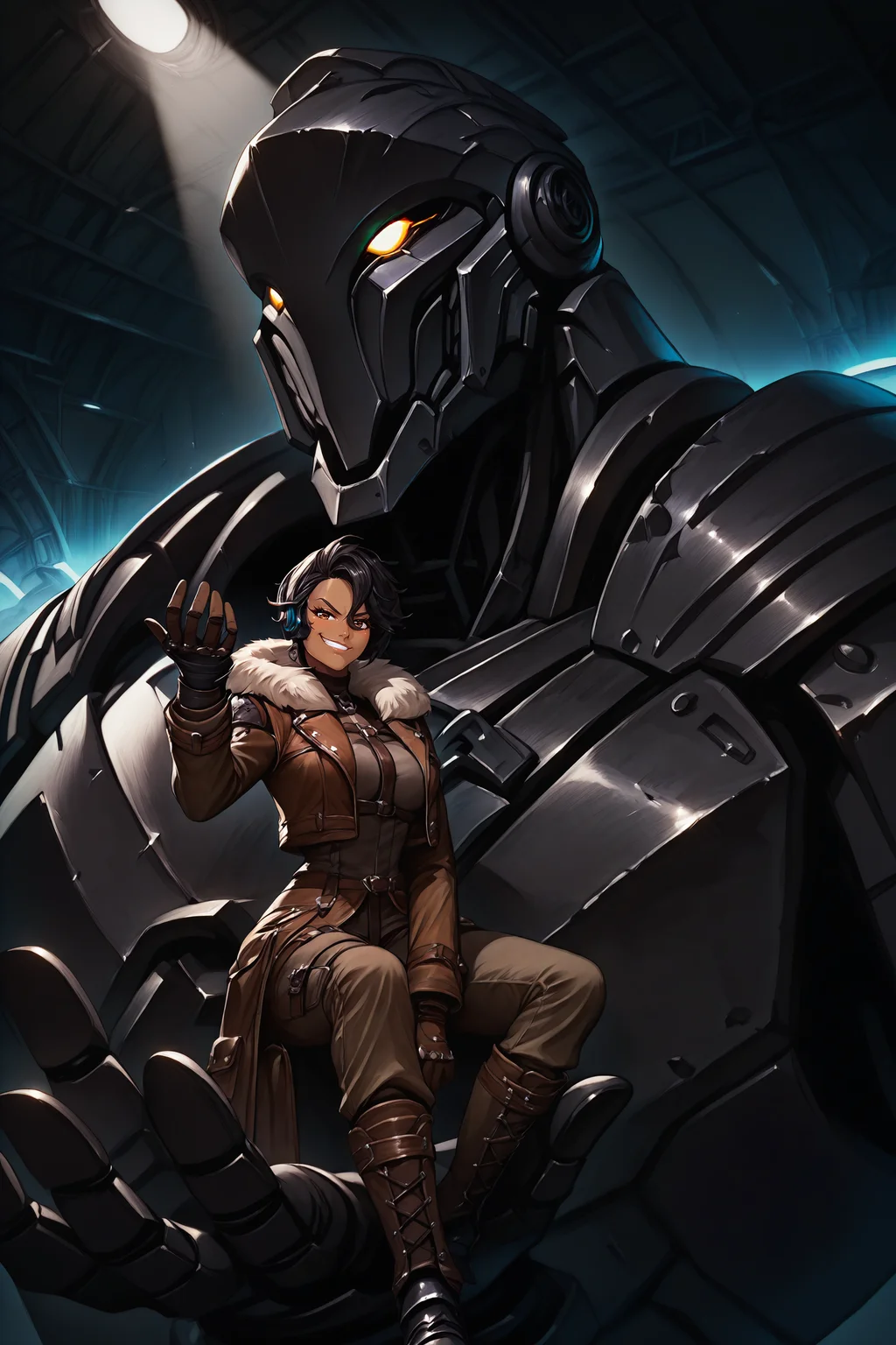 masterpiece, best quality, hangar, factory, neon, size difference, spotlight, dark theme, (portrait, close-up:1.2), (in palm:0.7), <lora:kingsstyle-illu-beta2-25:0.4>
BREAK (mecha,humanoid:0.7), cupping hand, (armor:1.2),science-fiction, (portrait:1.4), glowing eyes, knight, facing viewer, visor, front view, foreshortening, (close-up:1.3), (hand up:1.1), (face focus:1.2), gauntlets,
BREAK 1girl, solo, minigirl,sitting,bodysuit, chest harness, overskirt, full body, (brown skin:1.1), short hair, single earring, dark-skinned female, looking at viewer, pants, tomboy, knee boots, smirk, gloves, brown jacket, fur-trimmed jacket, headphones, hand between legs, smirk, black hair,