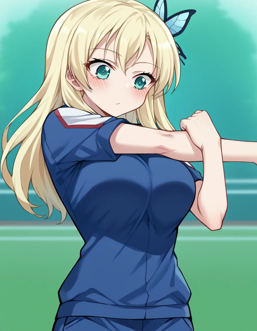 score_9, score_8_up, score_7_up, source_anime, <lora:sena-kashiwazaki-s2-ponyxl-lora-nochekaiser:1>, sena kashiwazaki, long hair, blonde hair, hair ornament, aqua eyes, butterfly hair ornament, large breasts,, <lora:ua-gym-uniform-ponyxl-lora-nochekaiser:1> ua gym uniform, u.a. gym uniform, blue track suit, blue pants, blue shirt, short sleeves,, blush, track and field, <lora:cross-body-stretch-ponyxl-lora-nochekaiser:1> cross-body stretch, stretching, arm across chest, exercising,, cowboy shot,