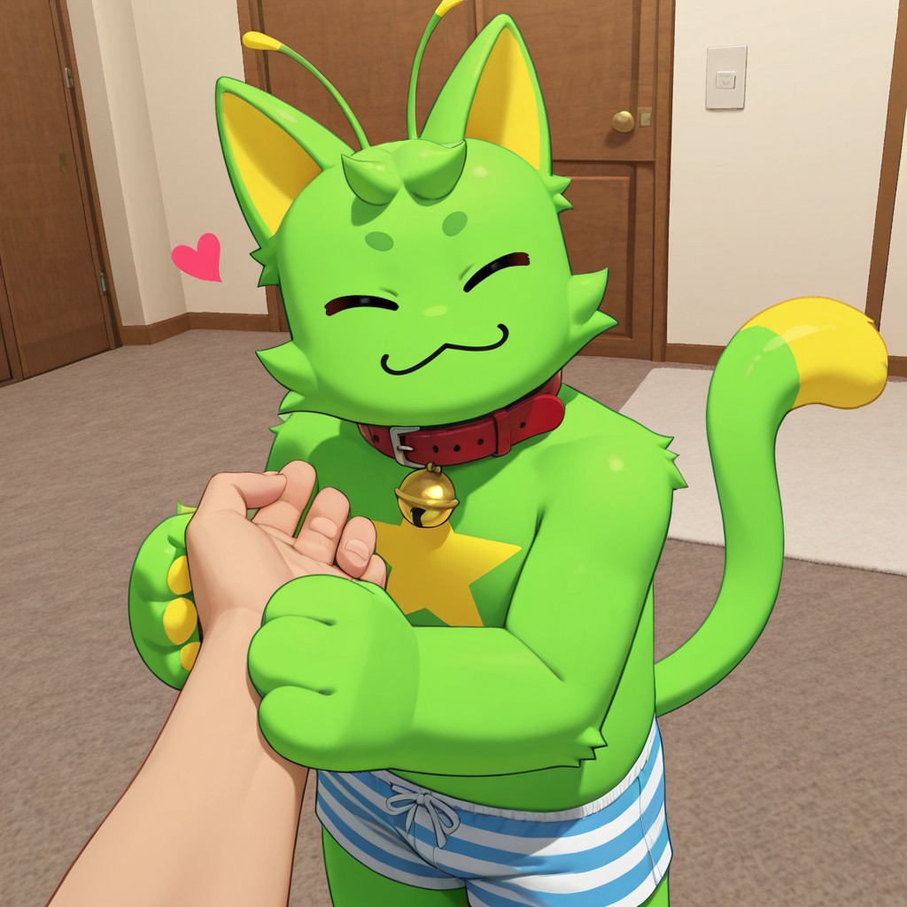 Oldgnarpy, 2d, solo focus, furry, male, furry male, antennae, animal ears, cat ears, yellow inner-ears, Green fur, fur tufts, feline, cat, yellow star on torso, tail, dipstick tail, :3, eyes closed, yellow pawpads, noseless, striped boxers, red cat collar
BREAK faceless human, holding viewers hand, happy, hearts, indoors, upper body, facing viewer, living room
BREAK best quality, amazing quality, very aesthetic, absurdres, newest, masterpiece