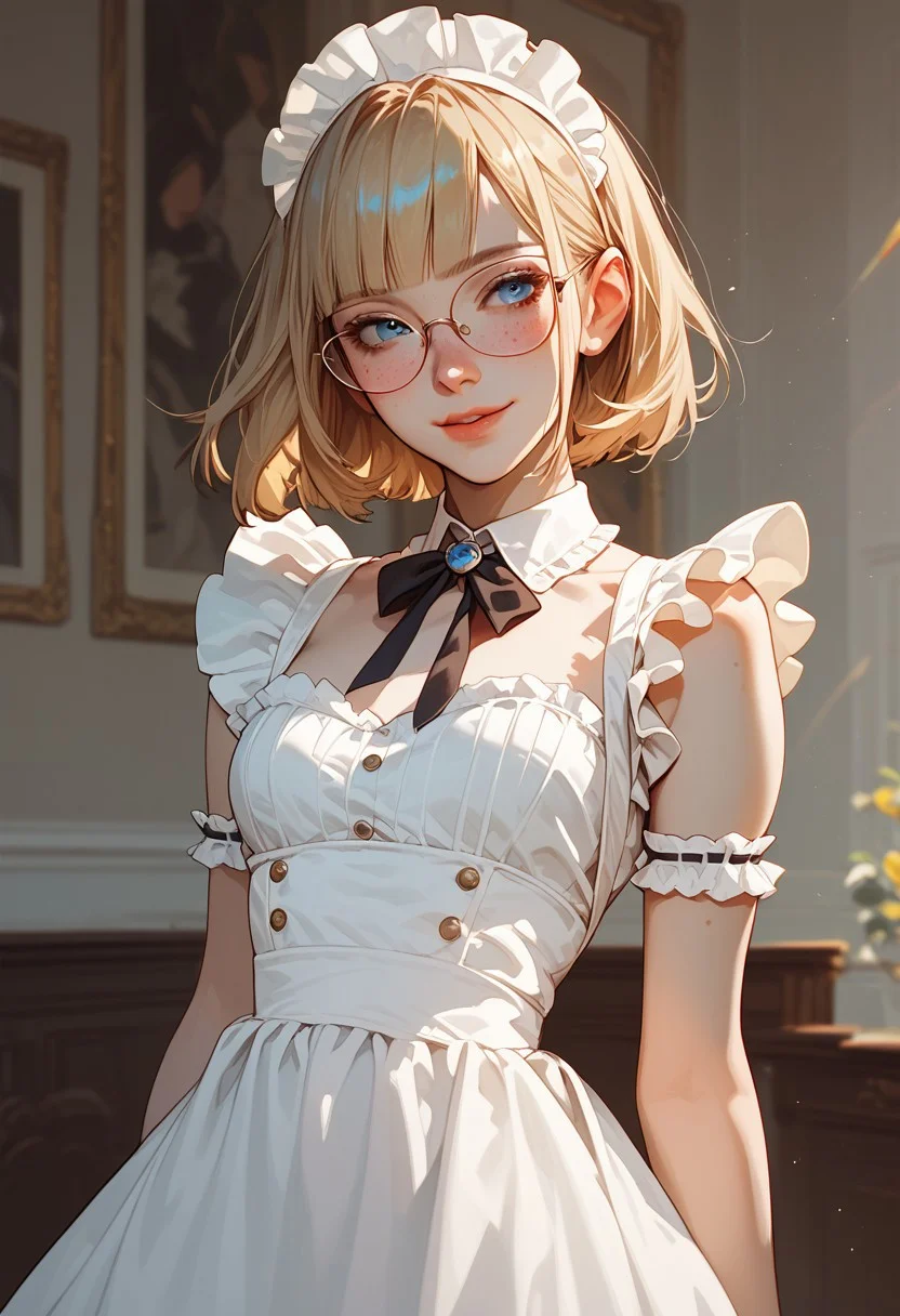 score_9, score_8_up, score_7_up, score_6_up, score_5_up, score_4_up, 1girl, (score_9, score_8_up:1.1), score_7_up, short blonde hair, blunt bangs, blue eyes, big squared eyeglasses, small breasts, slim, pale skin, freckles, standing, shy smile, closed lips, maid outfit , background masion