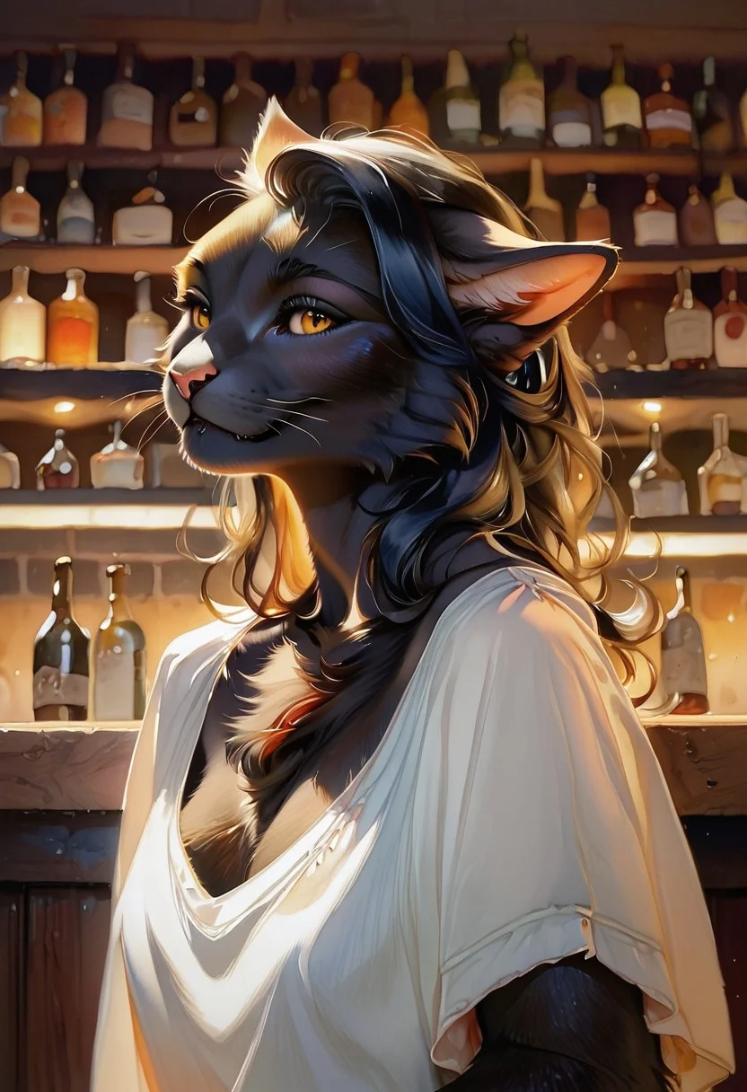 score_9, score_8_up, score_7_up, realistic, slender anthro female cat, (folded ears), golden eyes, black fur, furry, fluffy fur, cat taill, elegant dress, bar, furry hands, smile ,watercolor \(medium\), traditional media, wavy black hair
