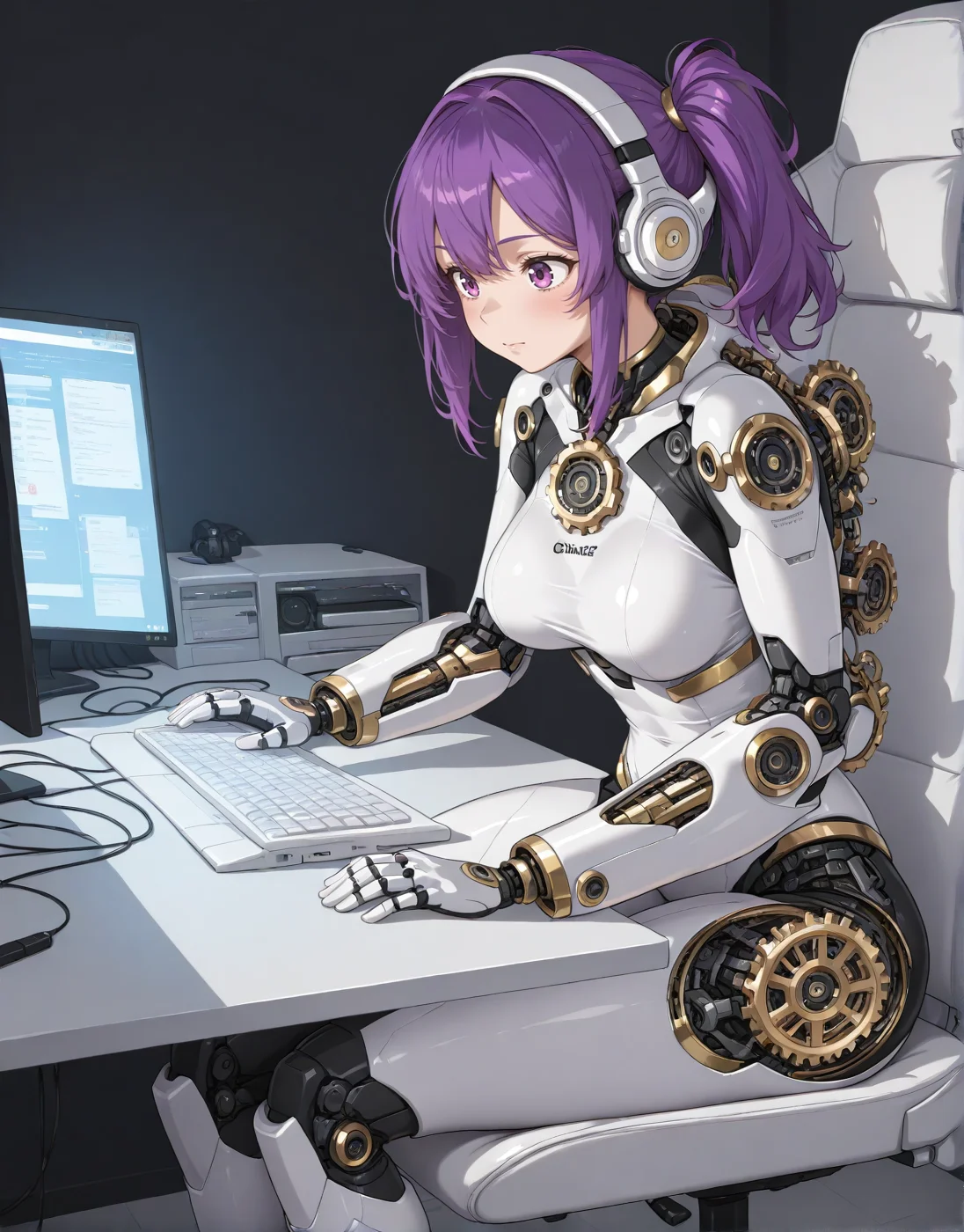 girl, purple hair, gamer, sitting at table, playing computer,black walls, white chair, white gaming headphones,gearform, gear transformation, <lora:v1_ya_gearform:1>