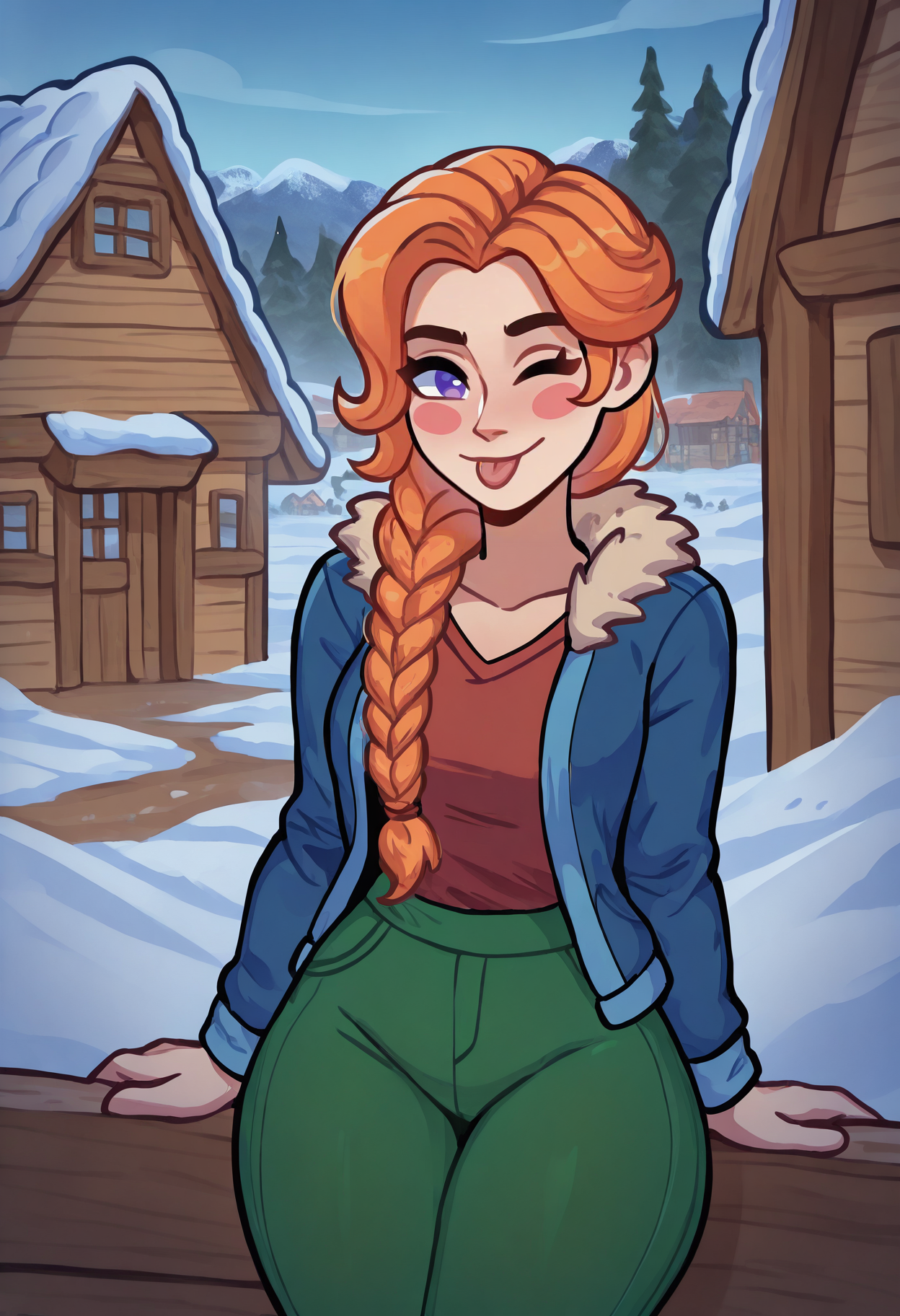 masterpiece, best quality, newest, absurdres, highres, 1girl, solo, <lora:NSLeahStardew:1> NSLeahStardew, purple eyes, orange hair, long hair, single braid, front braid, blue jacket, fur trim, open jacket, red shirt, one eye closed, tongue out, blush stickers, green pants, snow, cabin, rural house, outdoors, winter