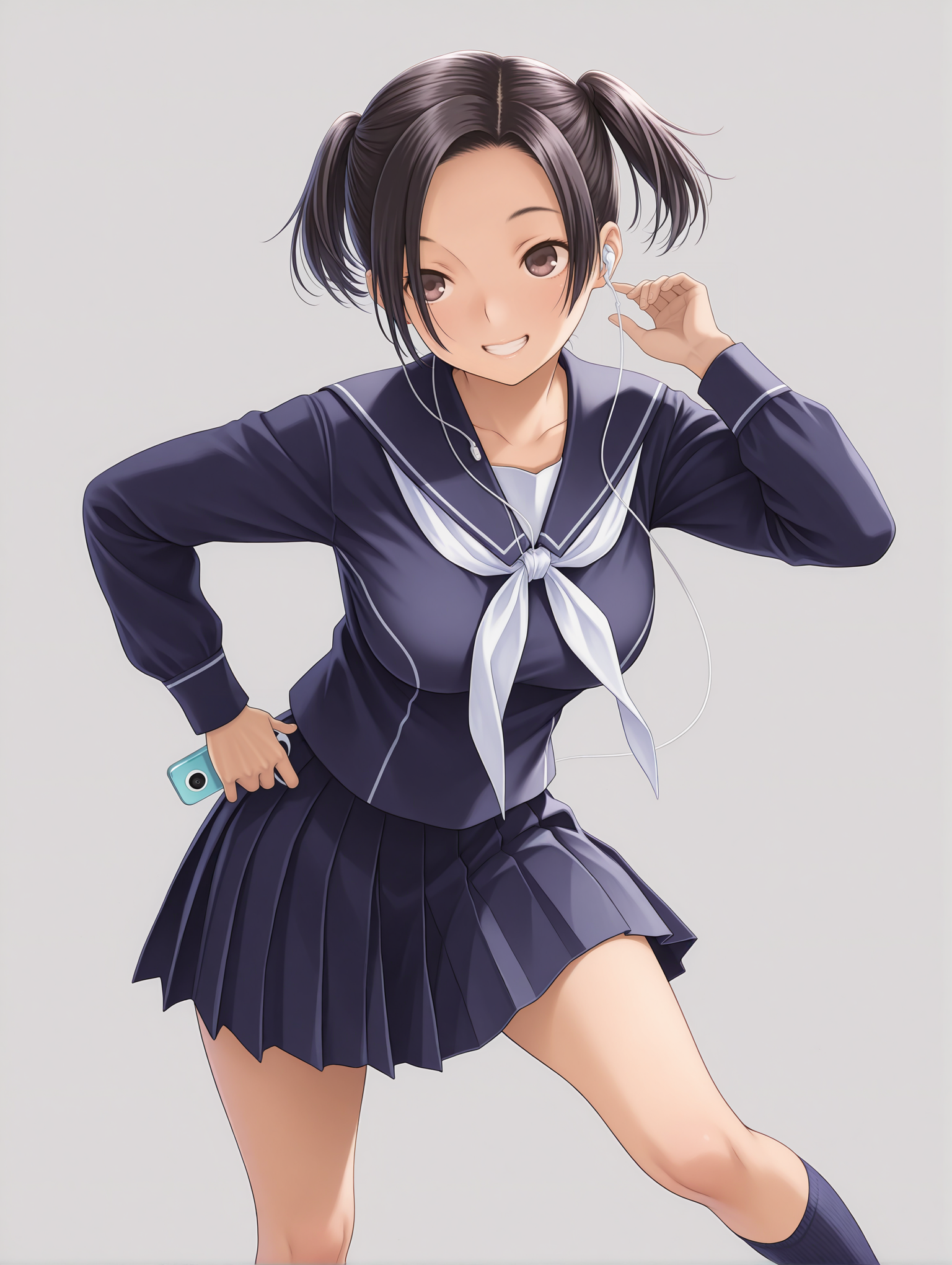 masterpiece,best quality,newest,1girl,solo,
<lora:kobayakawa_rinko_ilxl_v1:1>,k_rinko,black hair,
r_b_clothes,neckerchief,pleated skirt,blue socks,loafers,
earphones,digital media player,
<lora:Fixhands_anime_bdsqlsz_V1:1>,white_background,simple_background,looking ahead,grin,short twintails,parted bangs,forehead,standing,front view,portrait,big breasts,
