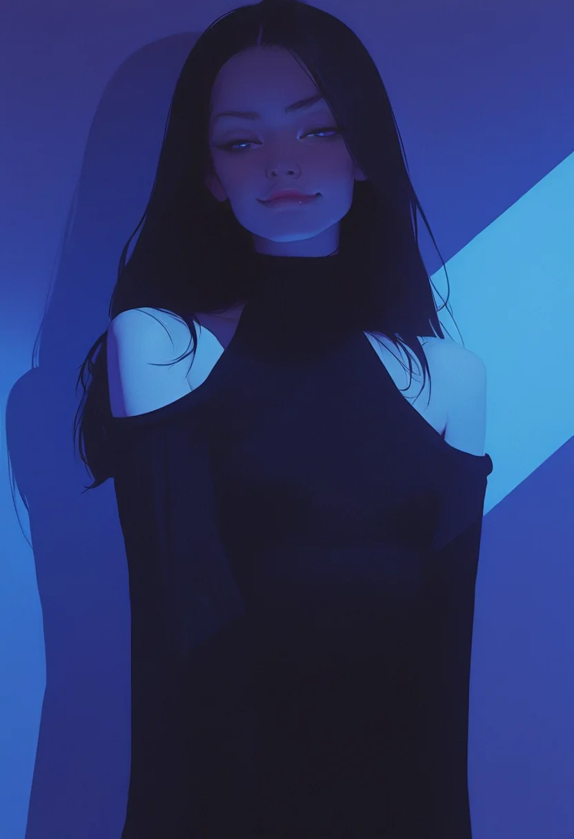 L1ghtm4k3r, 1girl, young woman, adult,solo, blue eyes, seductive, smirk, long hair, lips, shadow, bare shoulders, black hair, dramatic lighting, <lora:retro_scifi_artstyle_illustriousXL-000021:0.45> <lora:LightMaker-000008:1.11> <lora:0__11Xx:0.6>