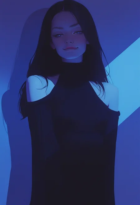 L1ghtm4k3r, 1girl, young woman, adult,solo, blue eyes, seductive, smirk, long hair, lips, shadow, bare shoulders, black hair, dramatic lighting, <lora:retro_scifi_artstyle_illustriousXL-000021:0.45> <lora:LightMaker-000008:1.11> <lora:0__11Xx:0.6>