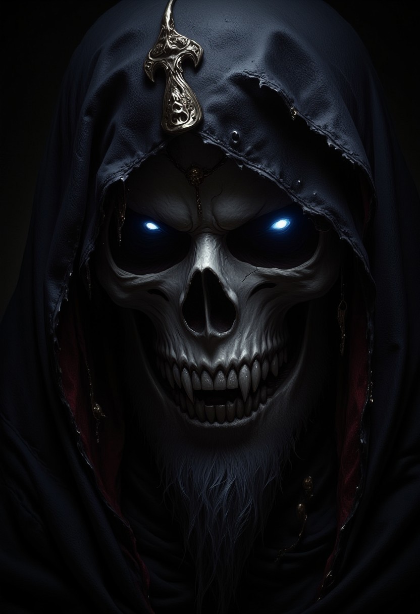 masterpiece, high detail, ArsMJStyle, dnddarkestfantasy, masterpiece, closeup portrait of death, skull with faintly glowing eyes, black hooded robes, scythe, chiascuro, dark background. highest definition, HD32K, wallpaper, hyperdetailed, concept art, extreme closeup