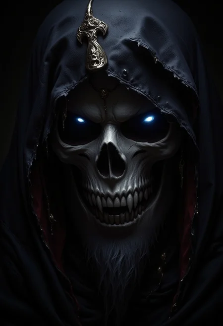 masterpiece, high detail, ArsMJStyle, dnddarkestfantasy, masterpiece, closeup portrait of death, skull with faintly glowing eyes, black hooded robes, scythe, chiascuro, dark background. highest definition, HD32K, wallpaper, hyperdetailed, concept art, extreme closeup