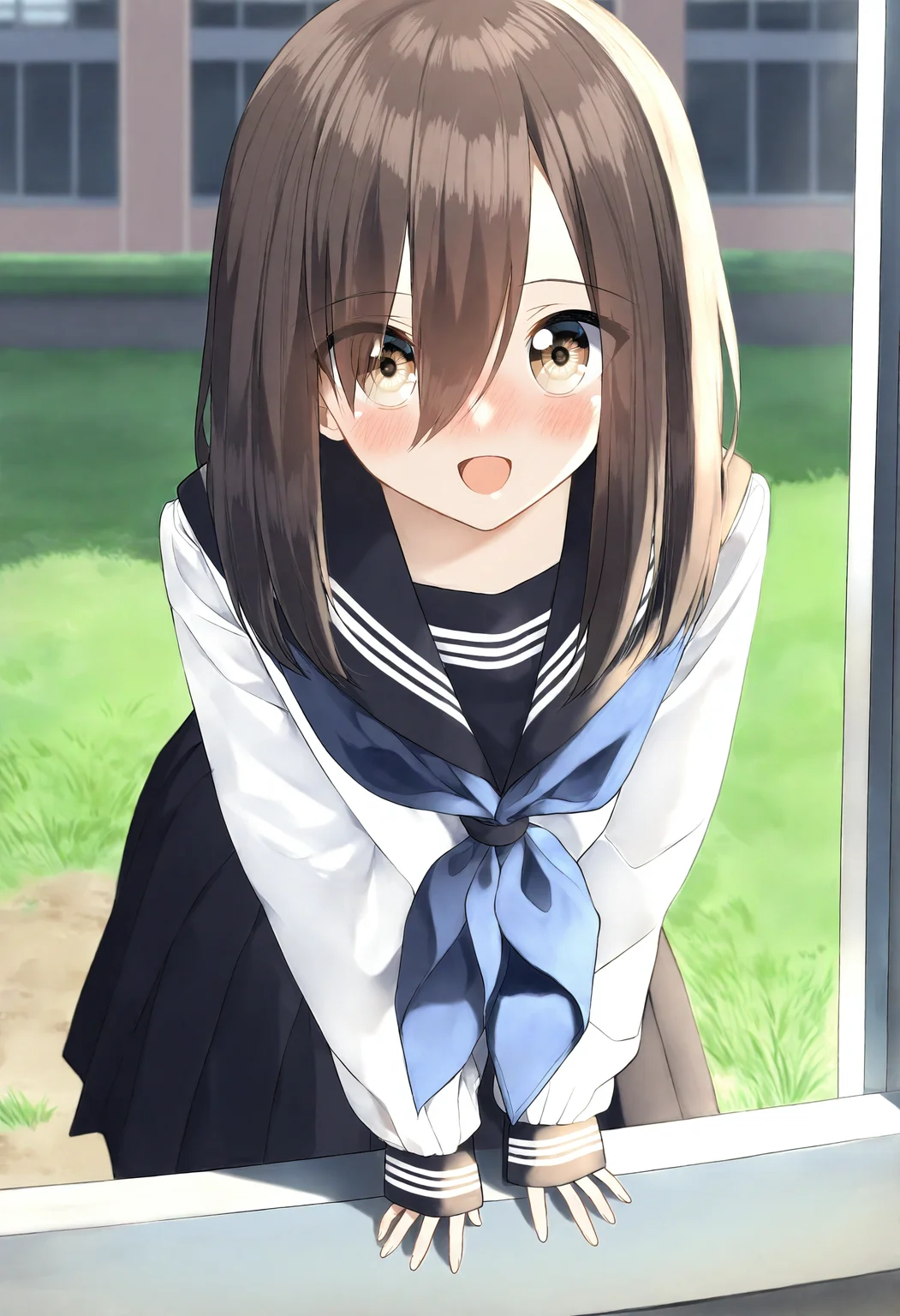 <lora:penta1_noob1.1-000139:0.9>,
1girl, skirt, sailor collar, pleated skirt, shirt, black sailor collar, solo, white shirt, serafuku, school uniform, black skirt, brown eyes, :d, hair between eyes, sleeves past wrists, long sleeves, smile, blush, neckerchief, outdoors, day, blue neckerchief, long hair, building, looking at viewer, nose blush, open mouth, window, puffy long sleeves, standing, brown hair, leaning forward, puffy sleeves, grass, eyes visible through hair,
masterpiece,best quality,newest,absurdres,highres,very awa,