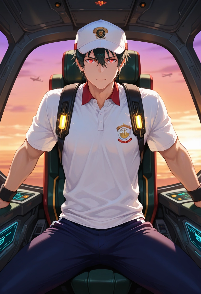 masterpiece, best quality, , semi-realistic, looking at viewer, 1boy, solo, male focus, <lora:sadao_maou_ilxl:0.9>, sadao_maou, black hair, red eyes, short hair, hair between eyes, airplane cockpit, glowing instruments, expansive horizon, co-pilot seats, navigating pose, focused expression, twilight skies, Pleated golf pants, Quarter-zip pullover, , Greek fisherman's cap,