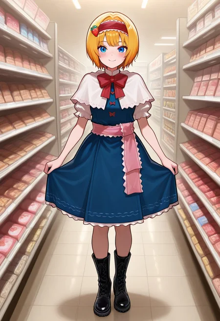 best quality, hires, extremely detailed, thick outlines,
beautiful eyes,
1girl, solo, blonde hair, blue eyes, short hair,
(ichigo_(cookie):1.5),
white shirt, puffy short sleeves, white capelet, blue dress, red hairband, frilled hairband, red bowtie, lace-up boots, pink sash, sash, frilled sash, strawberry hair ornament,
looking at viewer, blush, standing, short female, short hair, smile,
full body, whole body, (front view:1.2), (short female:1.5),
bowtie,
indoors, store, shelfs,