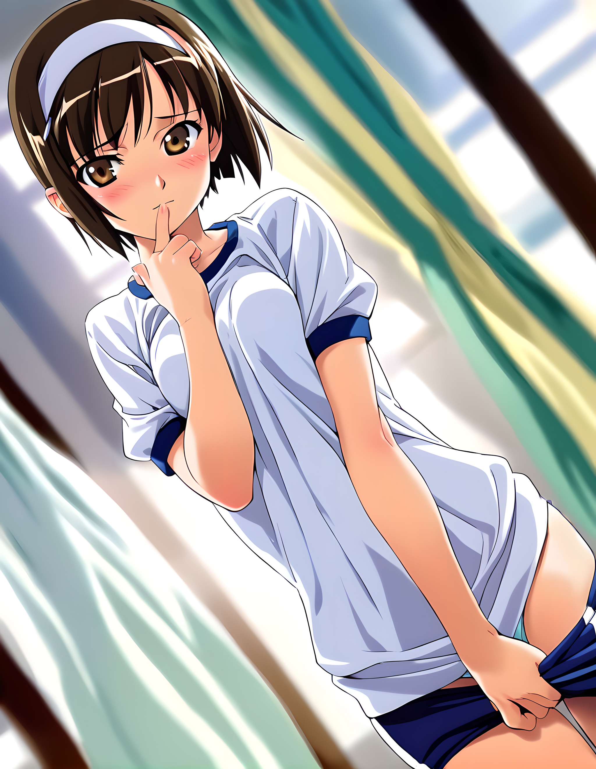 <lora:pony_xl_rika:0.8>,rika,score_9,score_8_up,score_7_up,source_anime,1girl,solo,brown hair,brown eyes,solo,looking at viewer,white hairband,hairband,hair ribbon,bow,gym uniform,short sleeves,white shirt,buruma,blue buruma,blush,cowboy shot,standing,embarrassed,closed mouth,head tilt,hand to own mouth,hand up,shirt tug,covering,covering crotch,indoors,curtains,blurry,shiny,dutch angle,depth of field,backlighting,