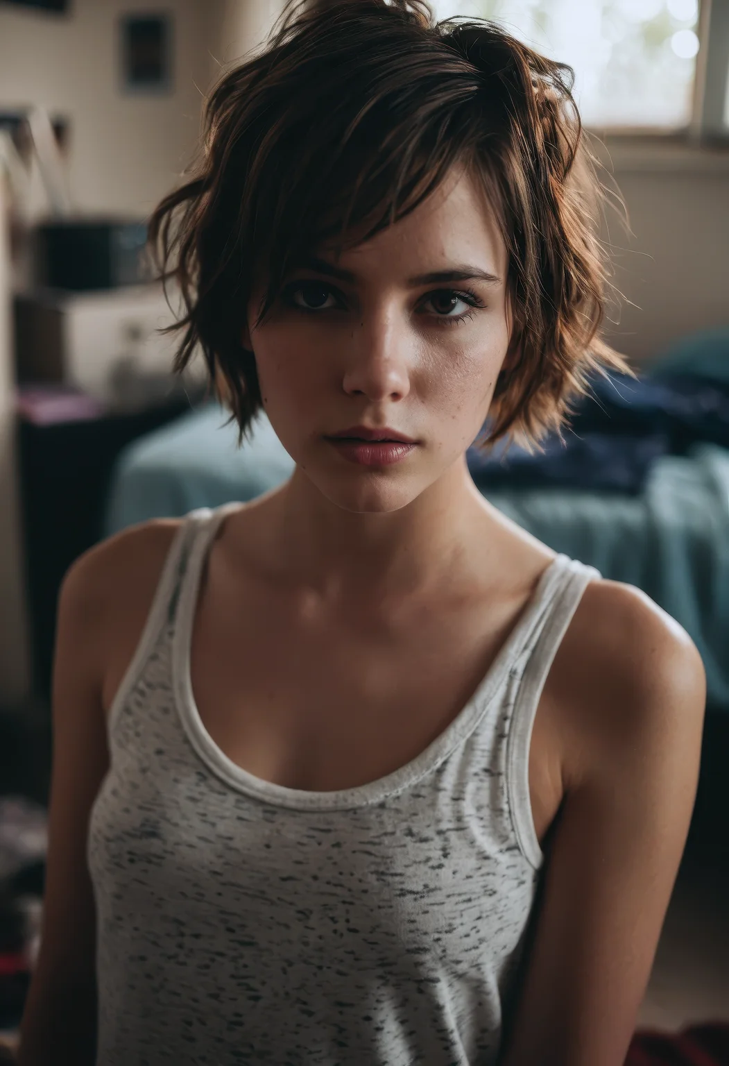 RAW editorial photo, hyper-realistic portrait of a short-haired girl in a messy girlie bedroom, masterpiece-level rendering, parted lips and small nose piercing, wearing a casual tank top, deep expressive eyes, brown hair styled loosely, shallow depth of field with intense cinematic rim lighting, film grain texture, (high contrast and bokeh), dramatic light cascading through cluttered background, subtle skin texture, soft cinematic tones, ultra high detail, high-budget fashion photography mood