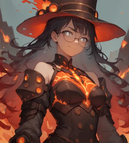 score_9,score_8_up,score_7_up,score_6_up,source anime,1girl,solo,standing,off shoulder,armor,long sleeves,steampunk,hat,medium breasts,gradient hair,black hair,red tips,long hair,grey eyes,white pupils,smirk,portrait,bangs,closed mouth,round glasses,medium breasts,
magma, lava, glowing, molten rock,
 <lora:magma_12_lbw_2:1.4>