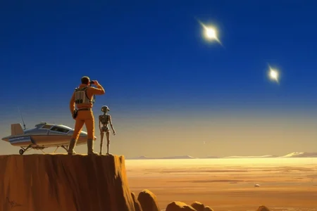 ralphmcq1 painting.
A scene from the Star Wars universe, specifically the desert planet Tatooine shown with twin suns in the sky. The scene is set at sunset, with the sky transitioning from a deep blue at the top to a lighter shade towards the horizon, giving it a warm, golden hue. The horizon is flat and featureless, stretching across the image. A man, shown in back view, is standing on a cliff along with a droid. He is scanning the horizon with a pair of binoculars. His hovercraft is beside him. <lora:ralphmcq_cap_d6a3:1.0><lora:830317521921052835:0>