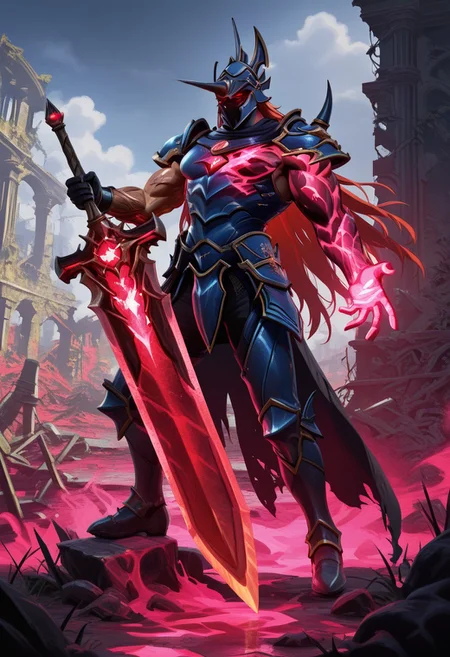 masterpiece, best quality, amazing quality, very aesthetic, high resolution, ultra-detailed, absurdres, newest, colorful, rim light, backlit, highest detailed, very awa, 1boy, male focus, NightmareSC, red hair, long hair, red eyes, glowing eyes, pectorals, muscular male, parody, solo, mutated arm, clawed arm, malfested arm, blue armor, helmet, ruins, holding greatsword, holding weapon, soul edge \(weapon\),