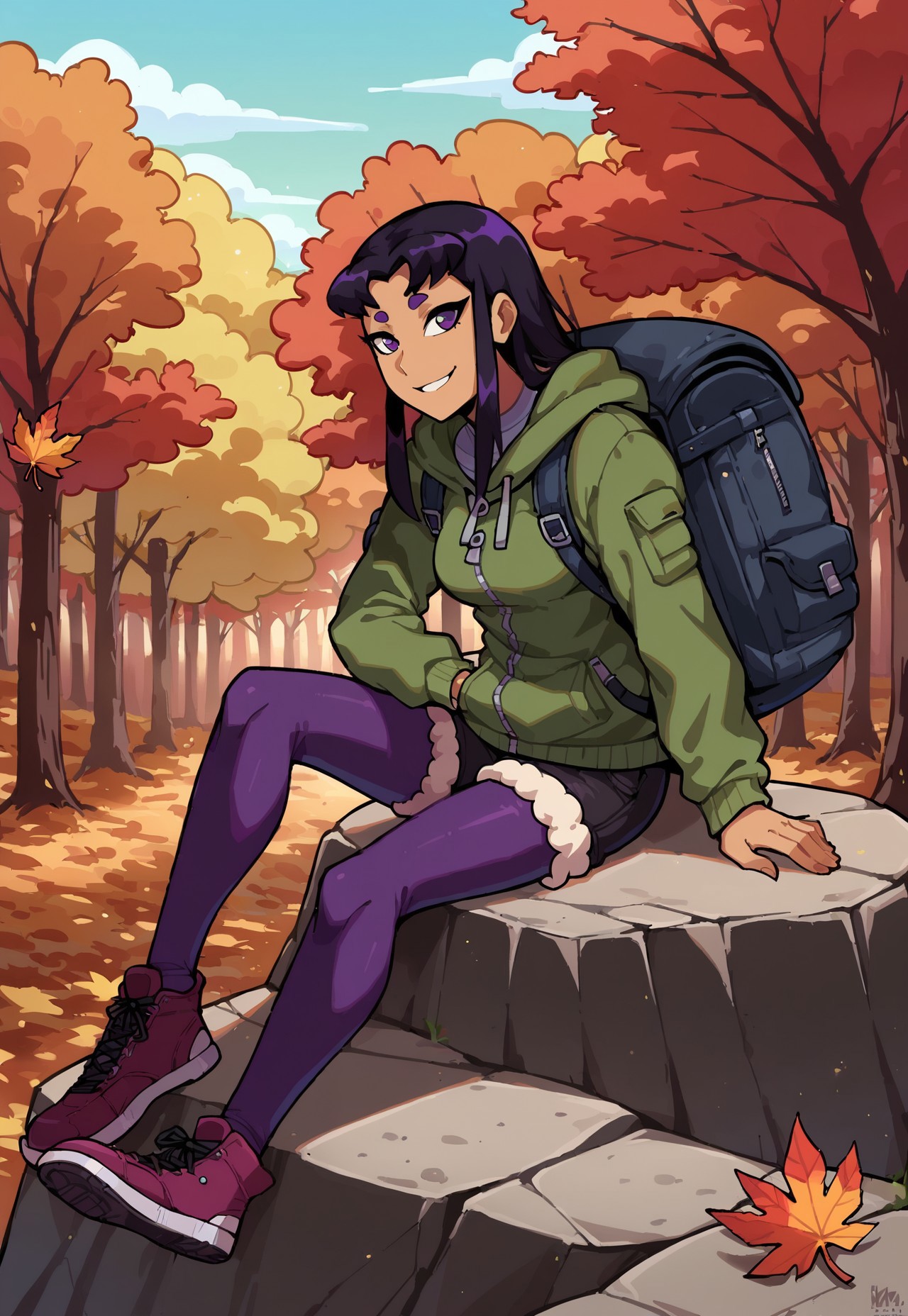 score_9,score_8_up,score_7_up BREAK <lora:Blackfirev2:0.8>,Blackfirev2,1girl,solo,long hair,black hair,dark violet eyes,dark skin,dark skin,thick eyebrows,((wool leggings, cargo short shorts, zip up hoodie, backpack, sitting on rock, quarter view)),
outdoors, smile, detailed background, outdoors, forest, hiking trail, (autumn, tree, autumn leaves, nature, outdoors), cowboy shot, looking at leaves changing, 