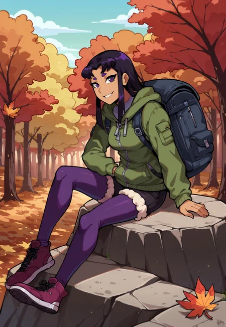 score_9,score_8_up,score_7_up BREAK <lora:Blackfirev2:0.8>,Blackfirev2,1girl,solo,long hair,black hair,dark violet eyes,dark skin,dark skin,thick eyebrows,((wool leggings, cargo short shorts, zip up hoodie, backpack, sitting on rock, quarter view)),
outdoors, smile, detailed background, outdoors, forest, hiking trail, (autumn, tree, autumn leaves, nature, outdoors), cowboy shot, looking at leaves changing, 