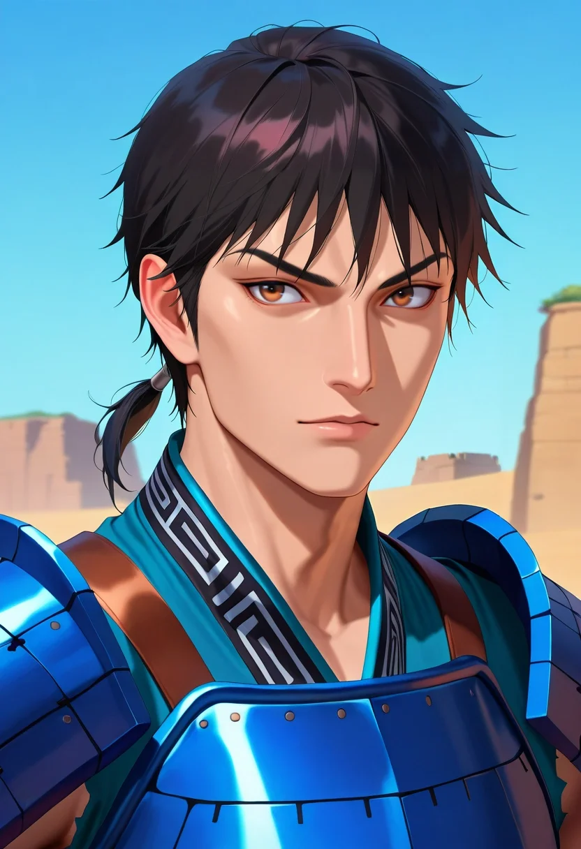 masterpiece, best quality, , semi-realistic, , , 1boy, solo, male focus, <lora:xin_kingdom_ilxl:0.92>, xin_kingdom, black hair, brown eyes, short hair, low ponytail, , armor, ,