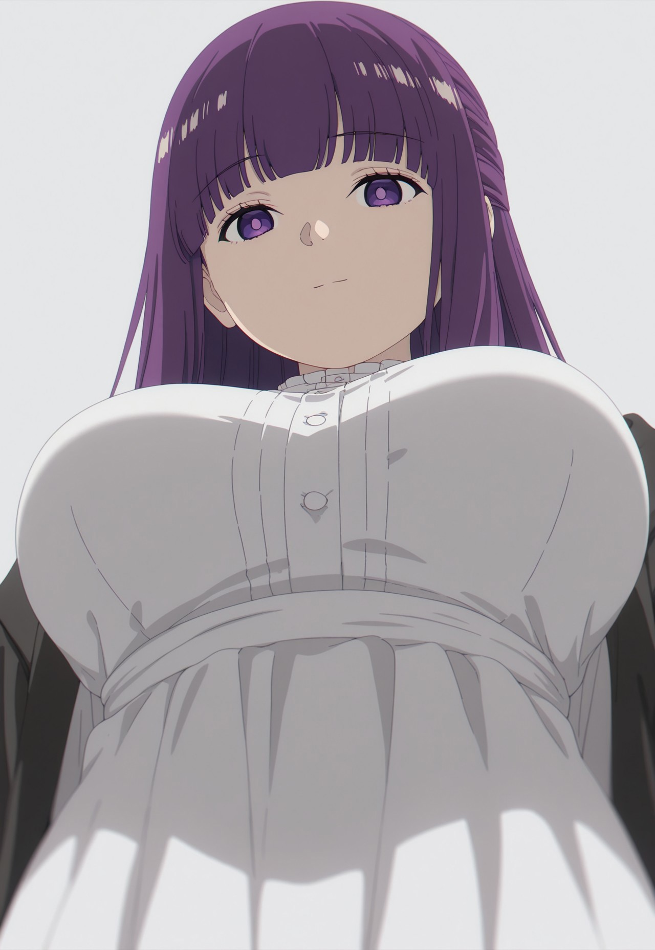masterpiece, best quality, amazing quality, simple background, white background, white theme, 

f3rn, fern \(sousou no frieren\), long hair, purple hair, blunt bangs, sidelocks, straight hair, purple eyes, large breasts, white dress, black coat, 

1girl, upper body, from below, breast focus, looking down, looking at viewer, light smile, arms at sides