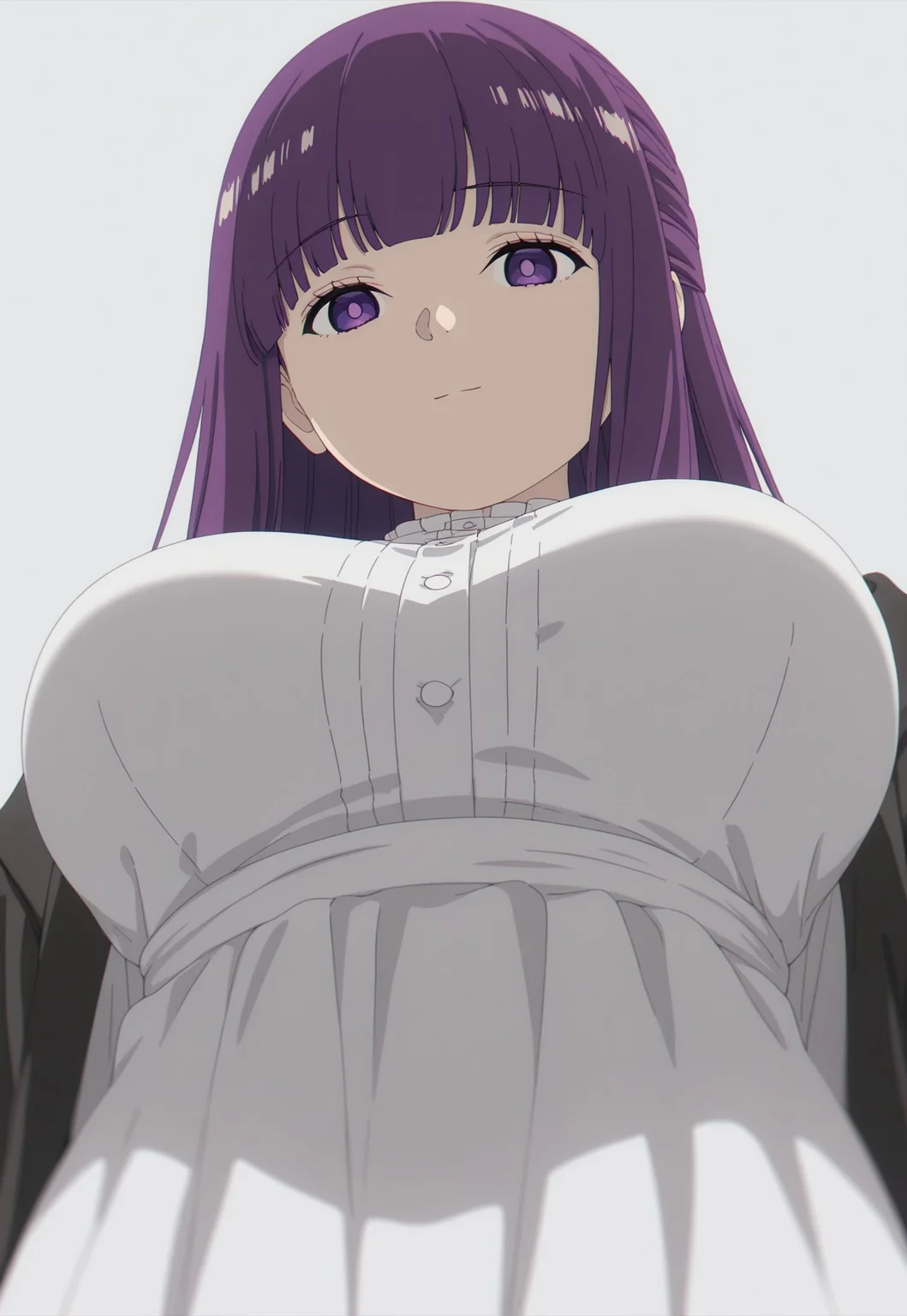 masterpiece, best quality, amazing quality, simple background, white background, white theme,
f3rn, fern \(sousou no frieren\), long hair, purple hair, blunt bangs, sidelocks, straight hair, purple eyes, large breasts, white dress, black coat,
1girl, upper body, from below, breast focus, looking down, looking at viewer, light smile, arms at sides