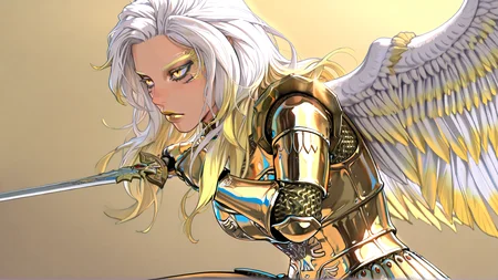 masterpiece, best quality, amazing quality, absurdres
1girl, solo, vasiy, uriel, angel, pointy ears, two tone hair, white hair, yellow hair, yellow eyes, yellow lipstick, tattoo, wings, long hair, gold armor, gold chainmail, war makeup, alone, holding sword, fighting stance, n0riuma_illu
<lora:n0riuma_style:0.8> <lora:Vasiy-Uriel_V2:1>