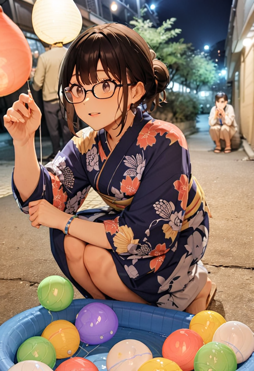 masterpiece, best quality, very aesthetic, absurdres,
mizufusen, 1girl, glasses, yukata, 1boy, night, squatting, outdoors, black hair, bracelet, long sleeves, floral print, water balloon fishing, night, summer, paper lantern, blurry background, 
 <lora:mizufusen_SDXL_V1:0.8>
