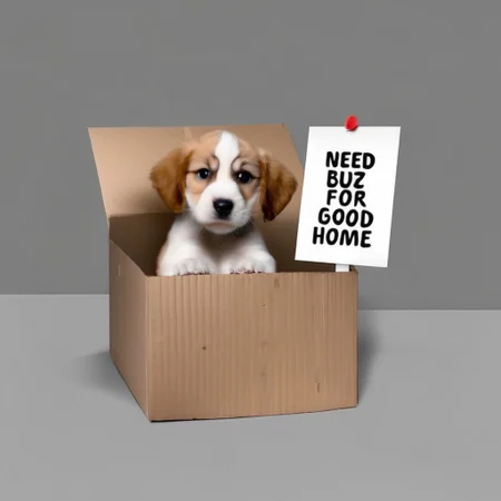 sad puppy in box with a sign saying "Need buz for good home"