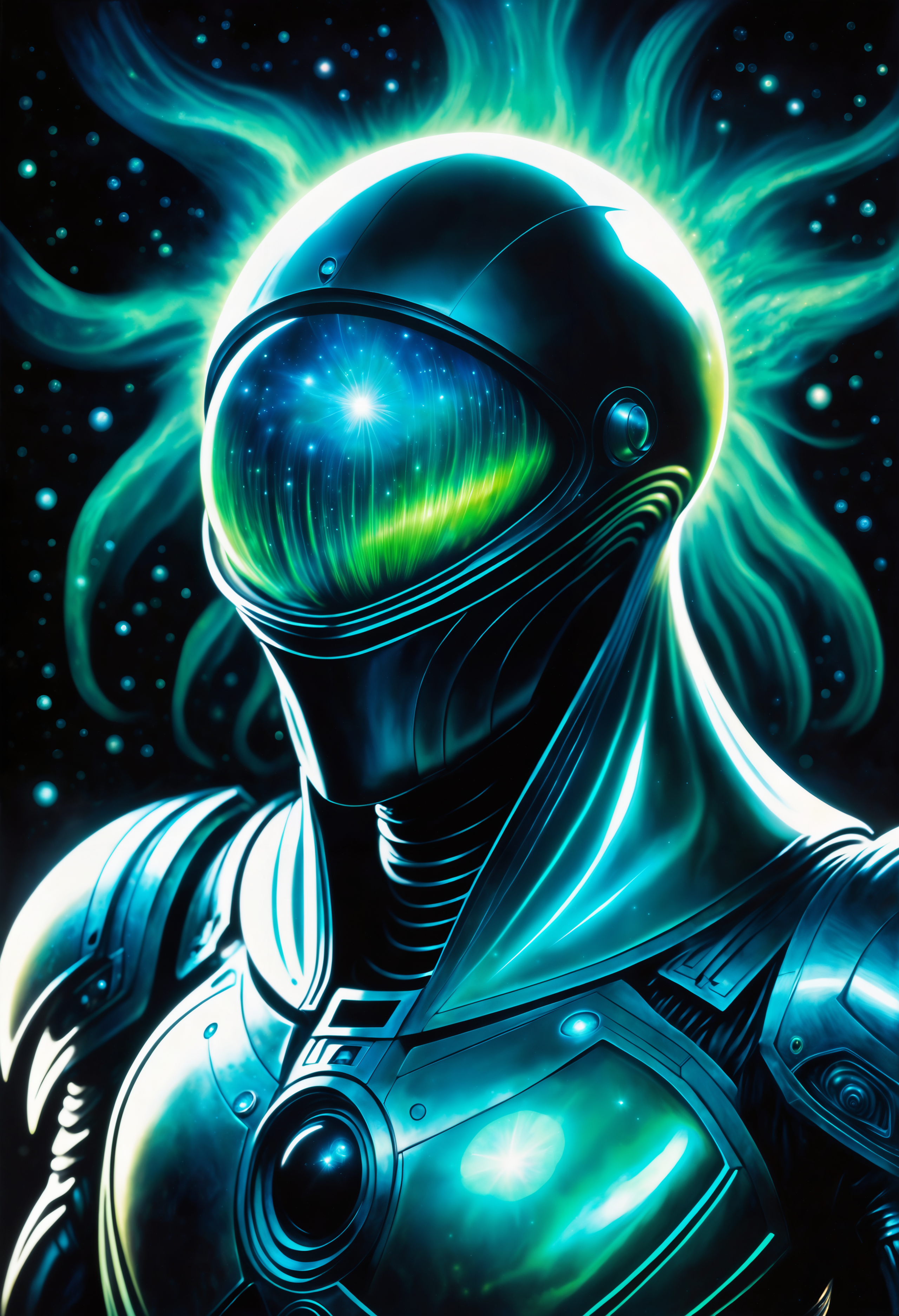 A charcoal sketch of a futuristic bioluminescent giant, its skin like an aurora borealis with eyes that sparkle green as it interrogates the mysteries and wonder in space. Inspired by Earthling adventures depicted on Space Ghost: The Fate <lora:Wizz:1>, 2000s vintage RAW photo, photorealistic, film grain, candid camera, color graded cinematic, eye catchlights, atmospheric lighting, natural, shallow dof, High level of detail to create a photographic-like image, focusing on lighting, realistic textures, hyperdetailed.
